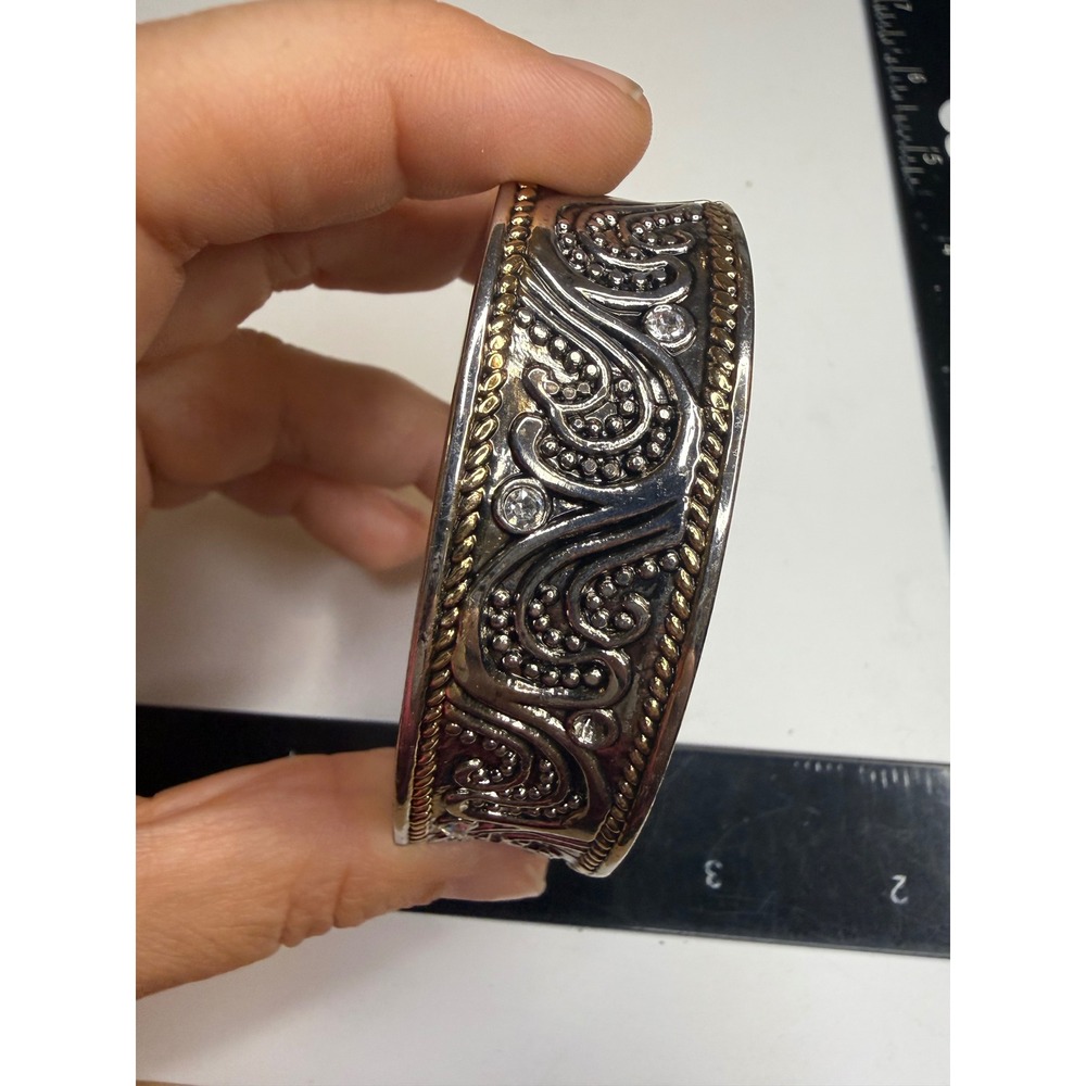 Silver Gold Tone Scroll Rhinestone Hinged Cuff Bracelet Mixed Metal Statement